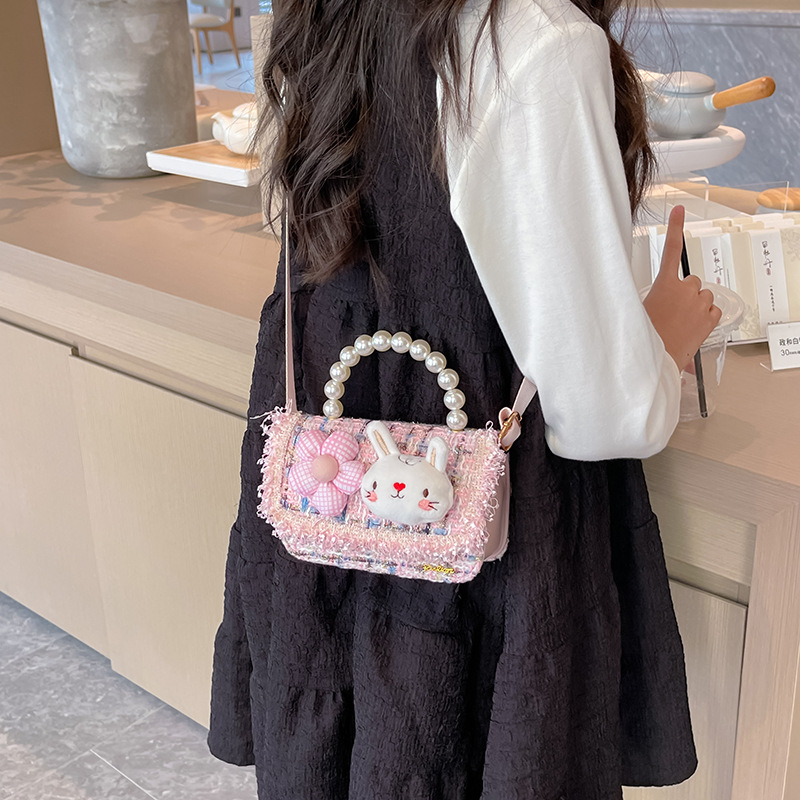 Fashion Children's Trendy Bags Women's Plaid Pearl Tote Cute Cartoon Rabbit Shoulder Bag Crossbody Small Square Bag