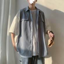 港风工装衬衫男潮牌拼接假两件宽松上衣服韩版潮流很仙的短袖衬衣