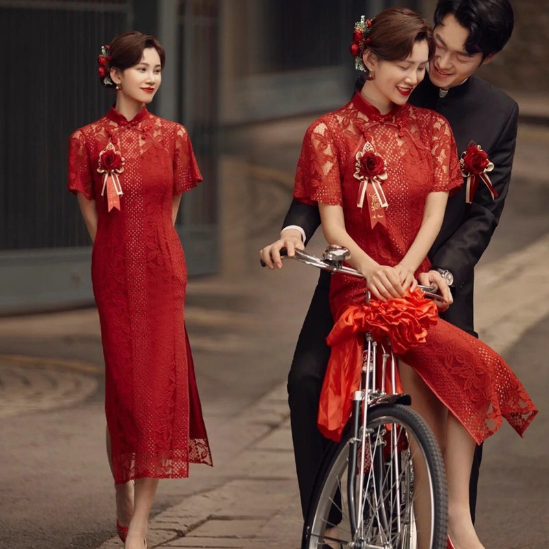 民国风情侣复古60年代写真拍照蕾丝旗袍中山装影楼主题婚纱照礼服