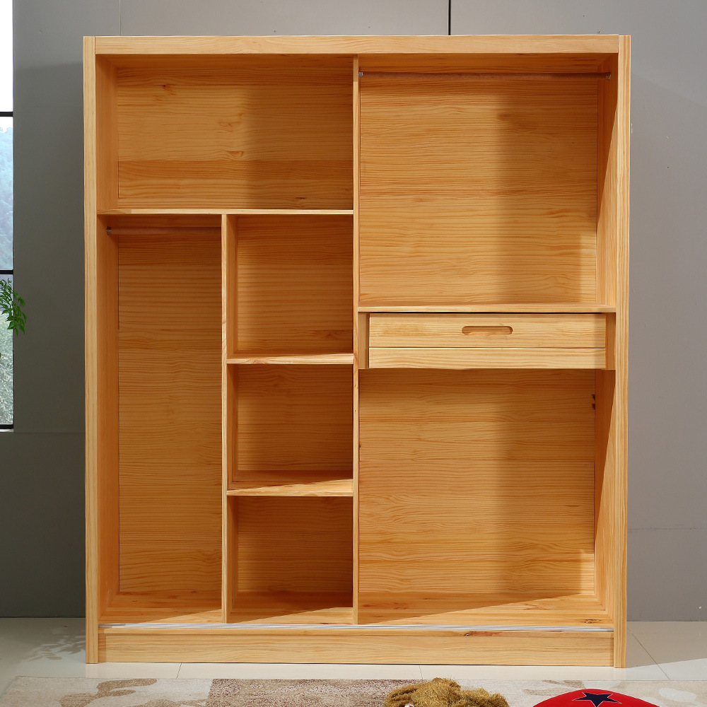 现代全实木松木衣柜推拉门儿童卧室成人储物两趟门收纳顶箱大衣橱