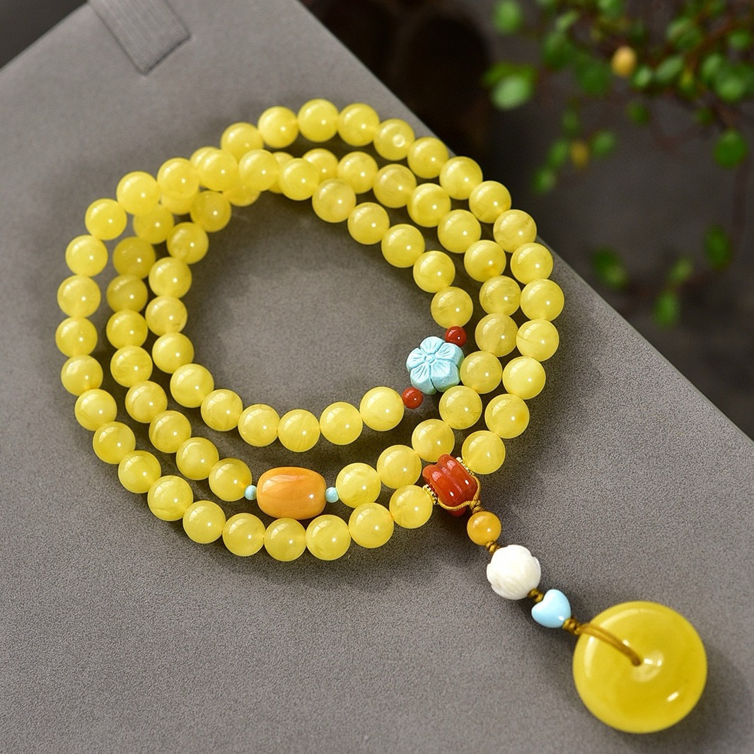 天然白花蜜蜜蜡三圈手链配原矿绿松石南红玛瑙蜜蜡藏扣直播供货