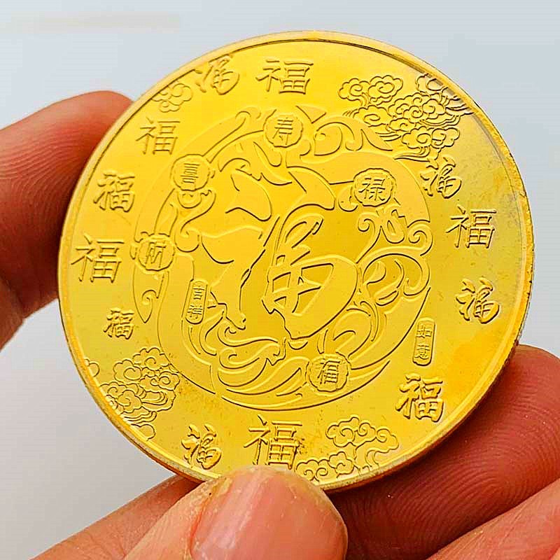 中国花开富贵镀金彩绘纪念章 百福金币硬币金币硬币摆件工艺币