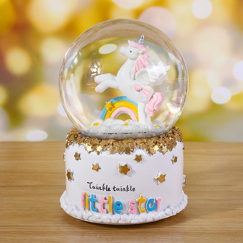 Unicorn Crystal Ball with Light Music Box Floating Snowflake Resin Crafts Table Decorative Ornaments Gift New Wholesale