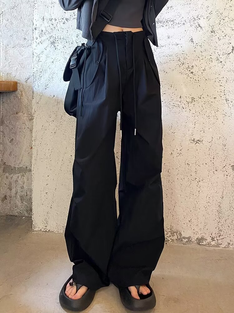 黑色美式工装裤女秋季新款小个子高腰显瘦垂感阔腿休闲运动长裤子