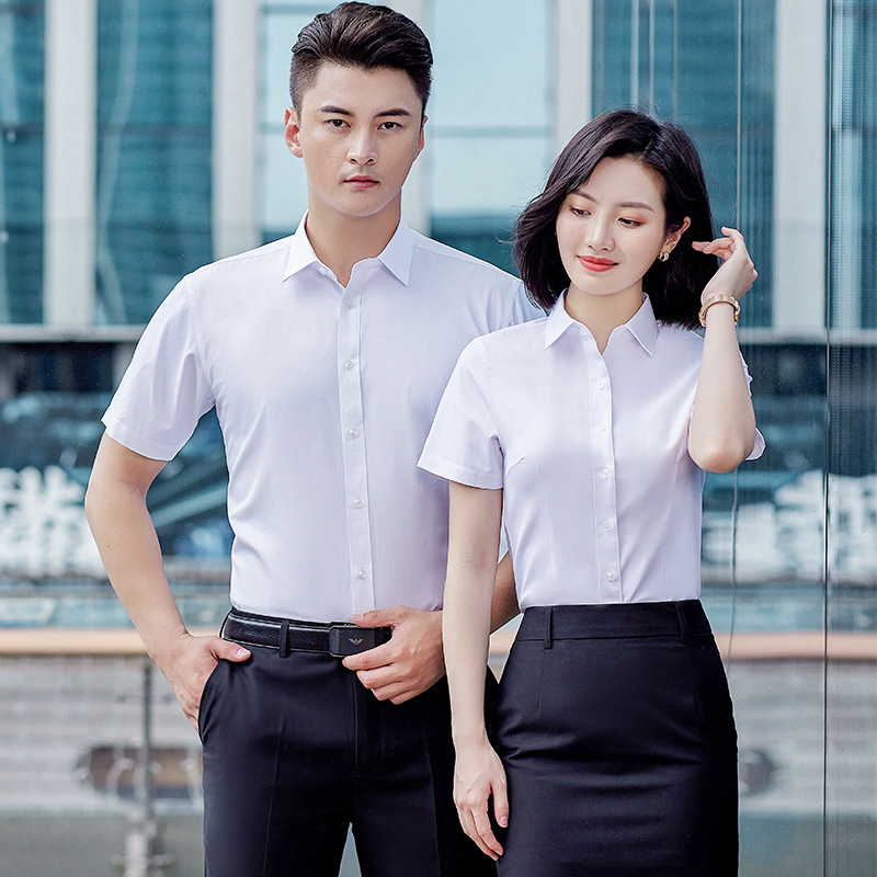 男女同款职业装棉衬衫短袖套装工装教师衬衣工作服寸衣刺绣logo