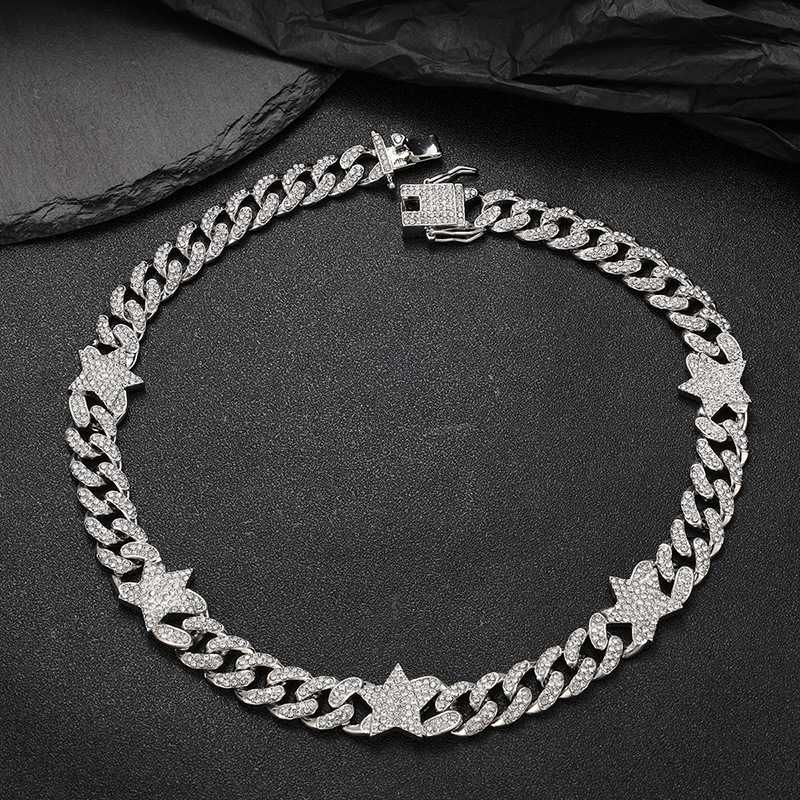 Cuban Link Chain Necklace European and American Men's Versatile Multi-Specification Alloy Rhinestone Cuban Necklace Hip Hop Ear Accessories Factory Wholesale