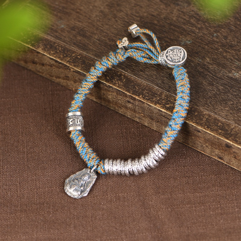 金鹿王 s925银手链 diy手工编绳黄财像六字真言如意盘缠手串银饰