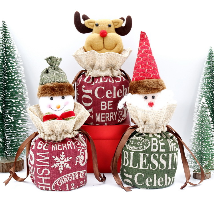 New Christmas Decorations Linen English Drawstring Apple Bag Children Cartoon Old Snowman Deer Candy Gift Bag