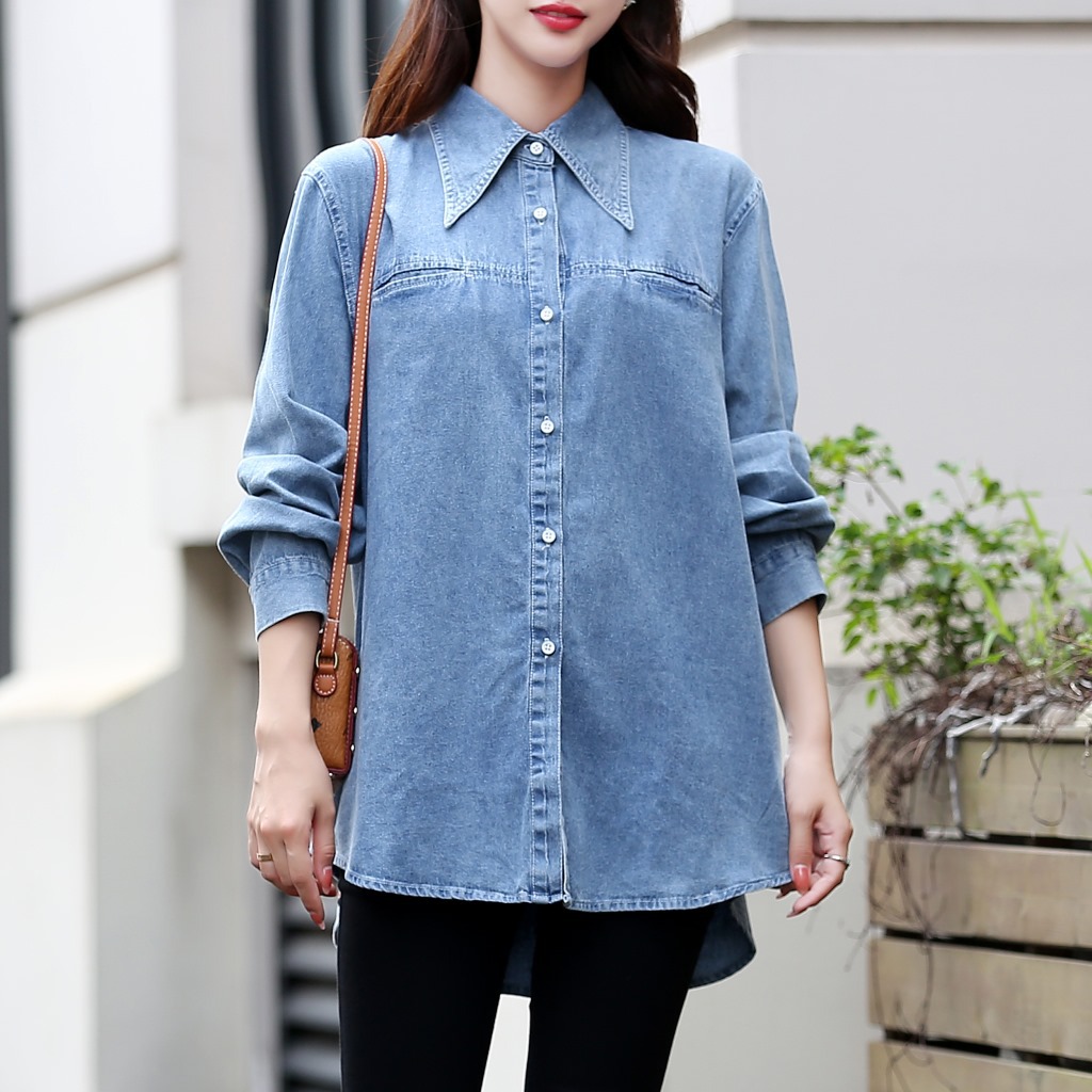 2021秋季新款韩版宽松简约百搭慵懒风尖领口袋牛仔短款衬衫女02