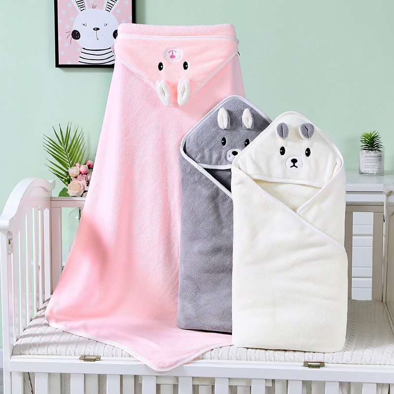 Newborn Baby Swaddling Quilt Coral Fleece Wrapping Towel Bath Towel for Children Embroidery Hug Blanket Hoodie Cloak Hooded Gro-Bag Baby Cape