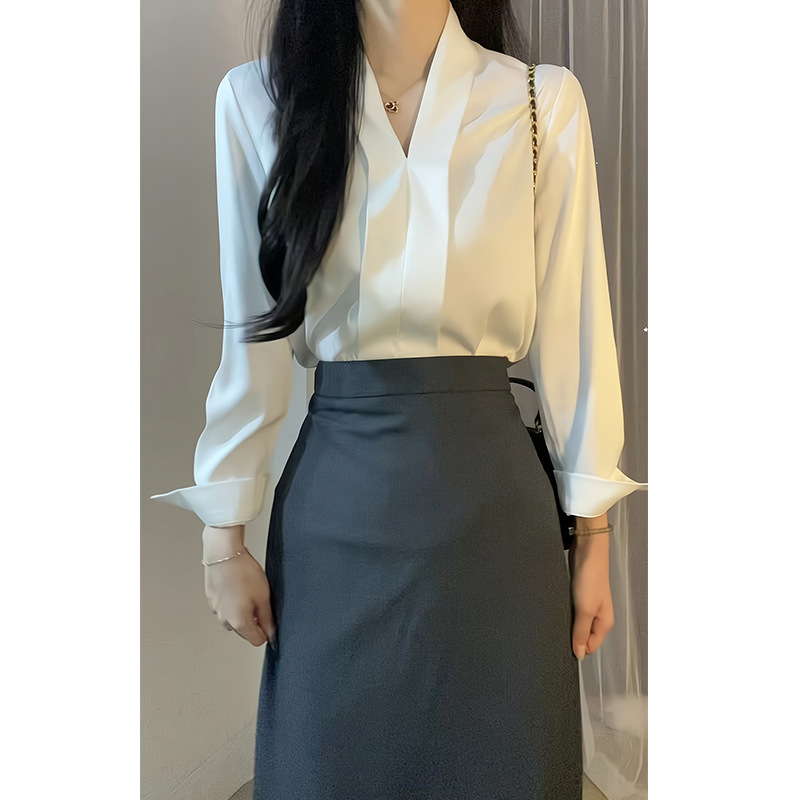 白色正装v领职业装衬衫女夏季感气质职场轻熟风女装通勤上衣-阿里巴巴