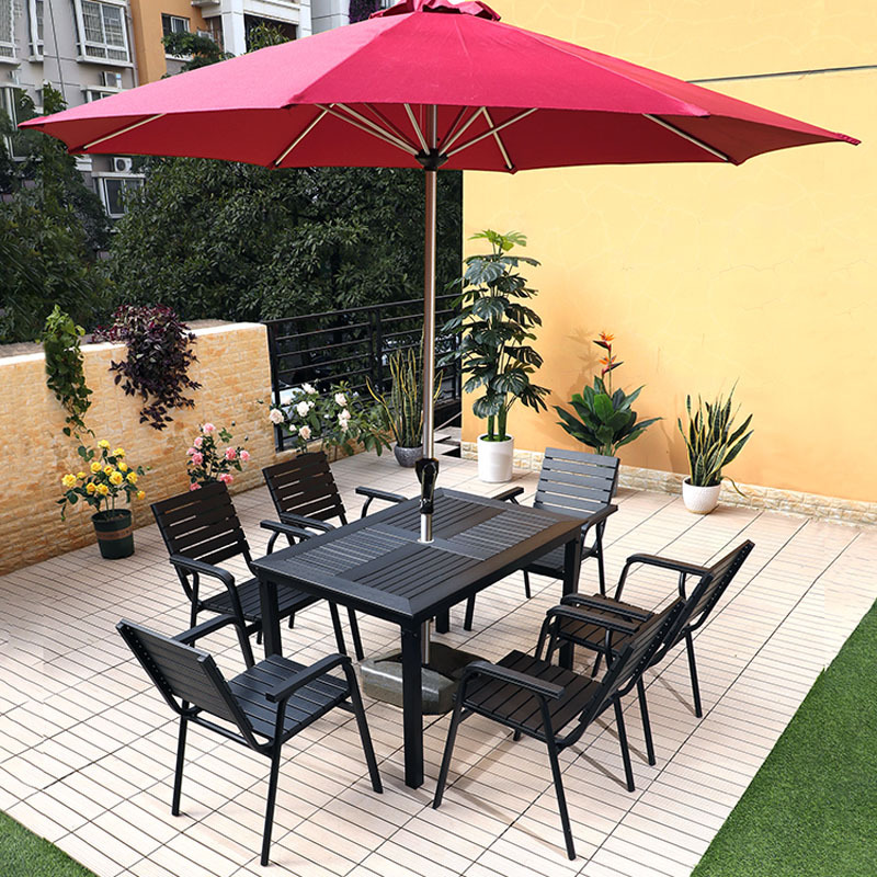 防腐防晒户外塑木桌椅庭院休闲餐桌花园露天咖啡桌椅带遮阳伞组合
