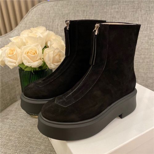 2023秋冬新款时尚休闲百搭皮靴平底前拉链马丁靴真皮洋气白色女鞋