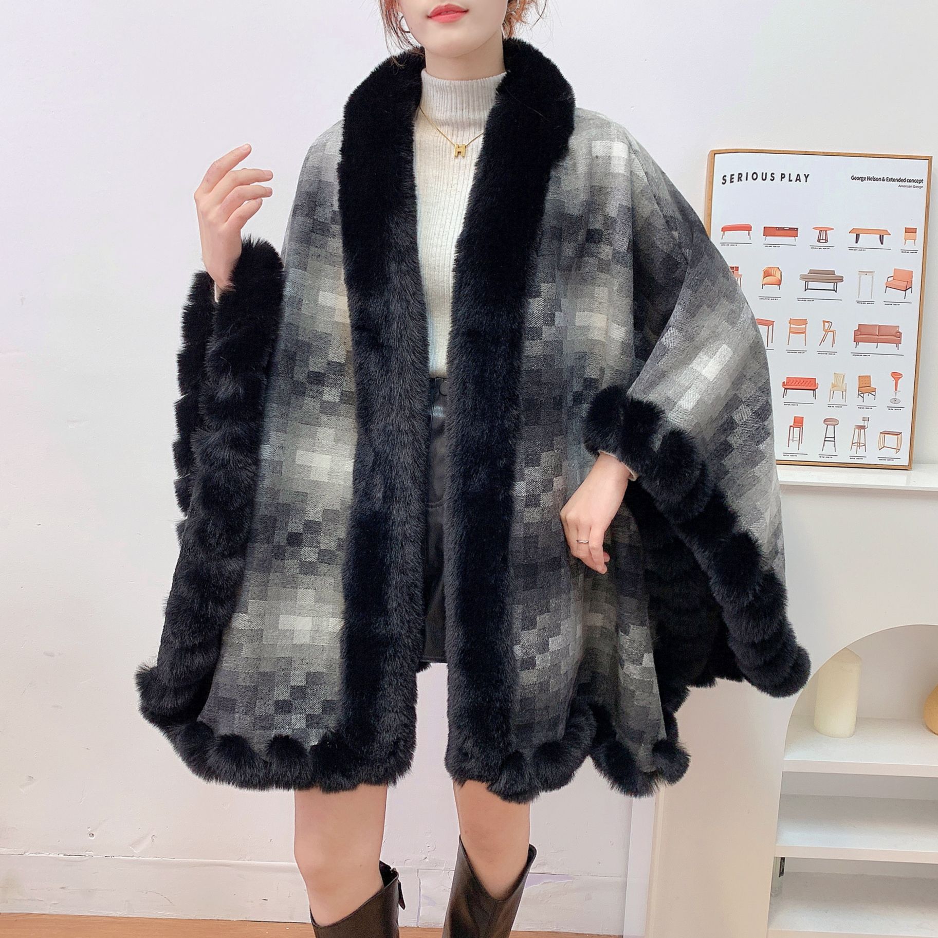 warm winter new imitation fur women‘s foreign trade european and american cape and shawl scarf wear wool winter imitate rex rabbit fur