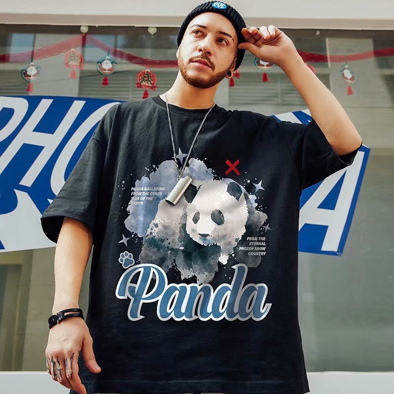 大熊猫pandat恤男短袖cec港风情侣半袖国潮嘻哈新款潮牌五分袖