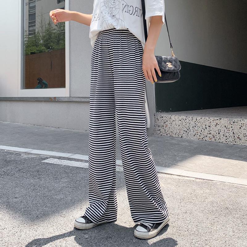 网红潮流黑白条纹阔腿裤女高腰韩版宽松薄款拖地休闲直筒长裤子夏