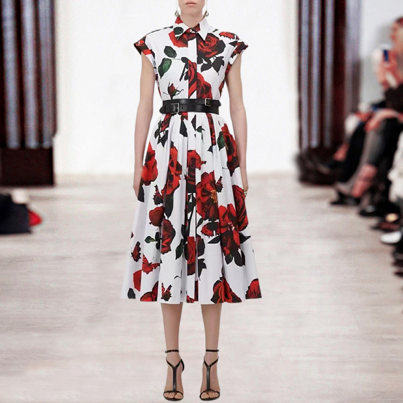 欧美走秀款玫瑰印花显高显瘦衬衫领长裙高级感宴会日常礼服连衣裙