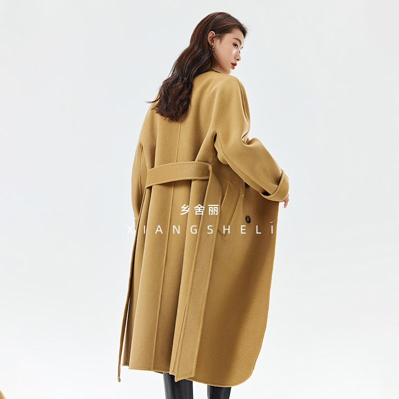 23 Autumn and Winter New M Classic Handmade Double-Sided Wool Overcoat 101801 Belt Woolen Coat Temperament Commute