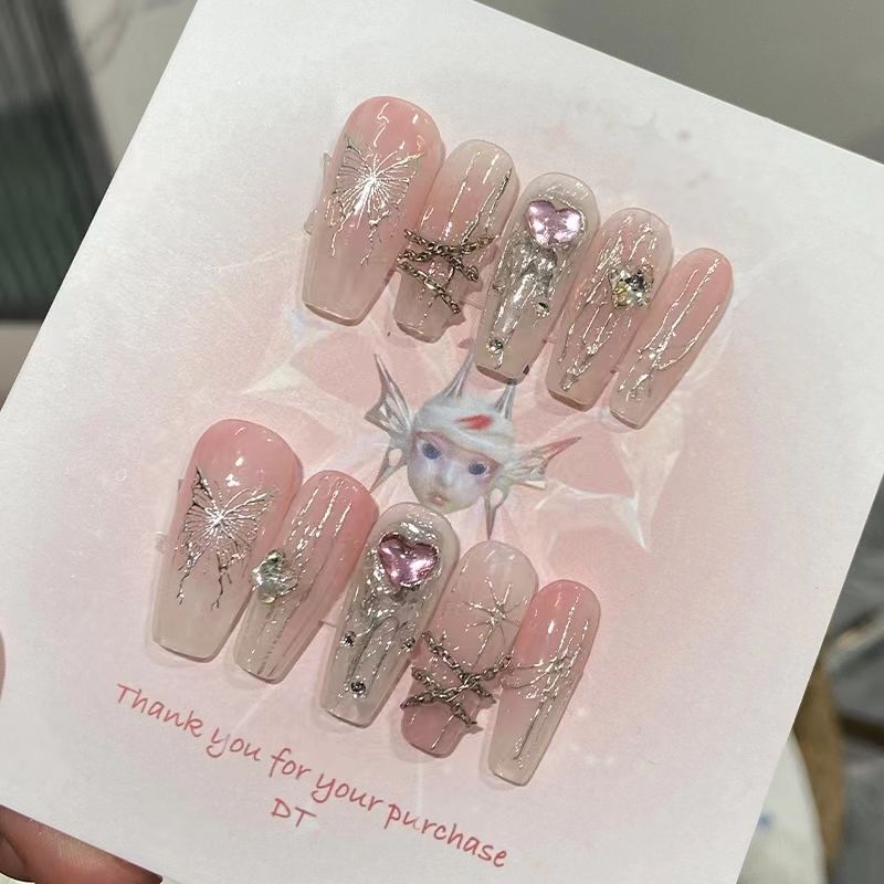 Popular Handmade Nail Beauty Hot Girl Relief Butterfly Pink Diamond Six-Pointed Star Sweet Cool Ins Style Wear Nail Manufacturers Batch