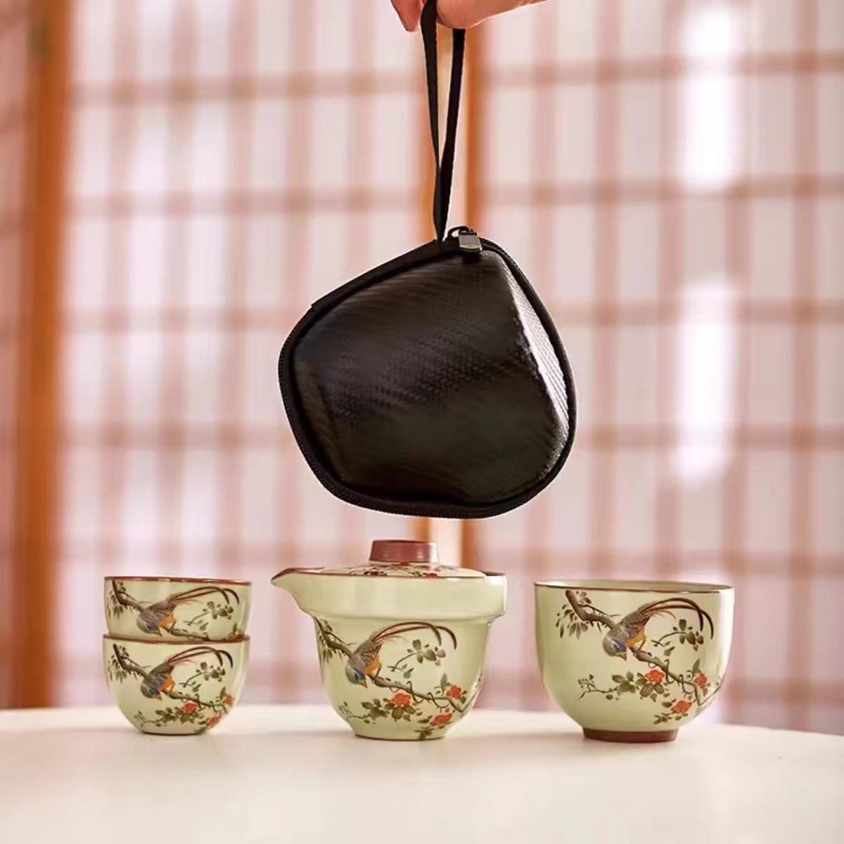 米黄汝窑一壶三杯旅行茶具套装便携手抓茶壶快客杯户外礼品伴手礼