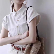 法式棉麻白色短袖衬衫女夏季2024年新款设计感短款衬衣上衣