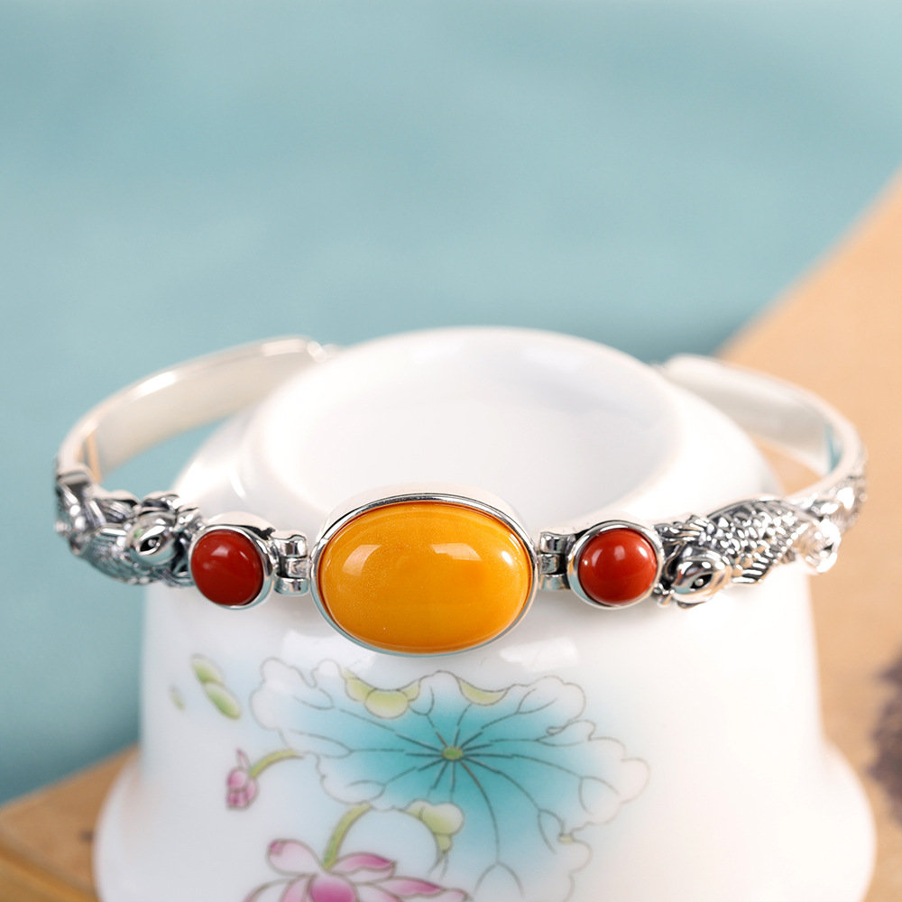 人品银品s925银镶蜜蜡手链南红锦鲤复古做旧女士手镯泰银精工手饰