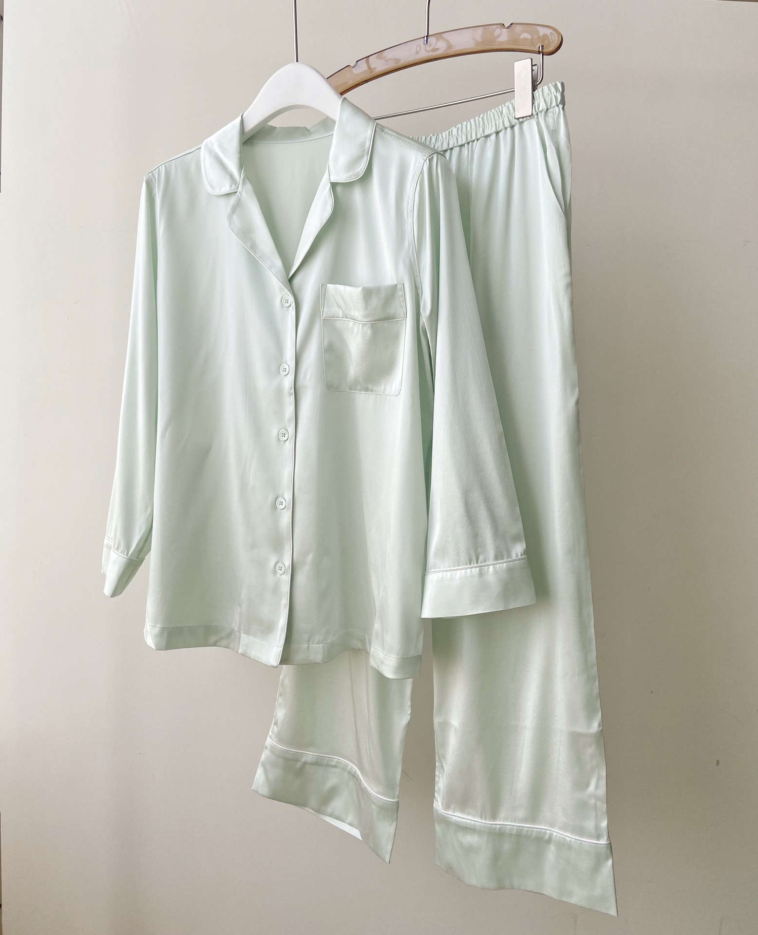 文九22早春新款可外穿睡衣套装真丝素绉缎纯色居家宽松睡衣裤女