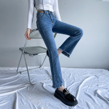 夏季新款牛仔裤女个性微喇叭复古宽松显瘦弹力垂感分叉直筒裤直销