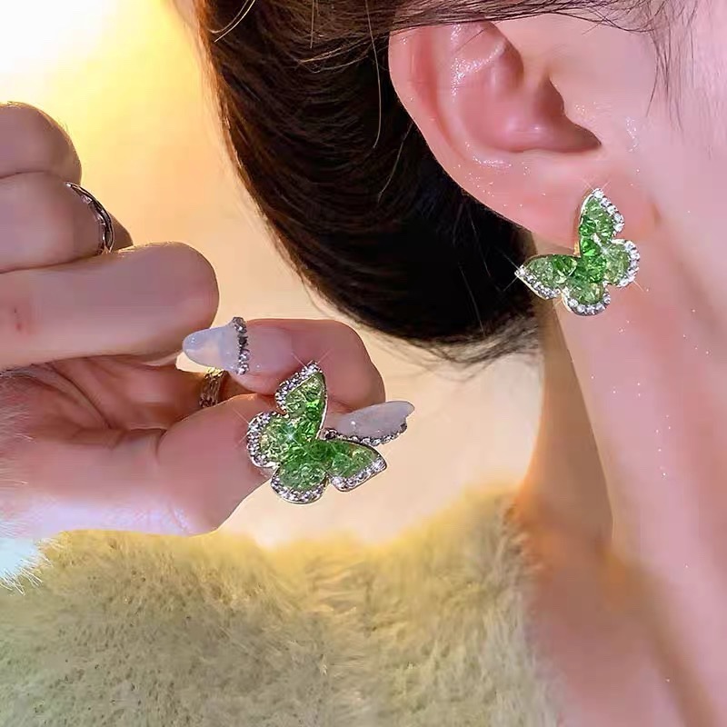 Silver Needle Manbo Mint Green Crystal Flower Butterfly Stud Earrings Elegant Personalized Earrings Sweet High-Grade Earrings for Women