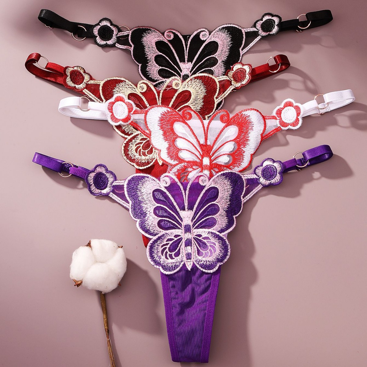 跨境蝴蝶元素丁字裤女性感火辣透视刺绣可调节低腰诱惑日系内裤女