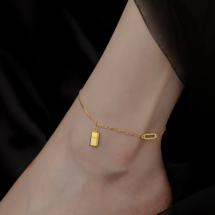 新款时尚百搭金砖脚链女镀18k黄金色冷淡风网红日常轻奢足链批发