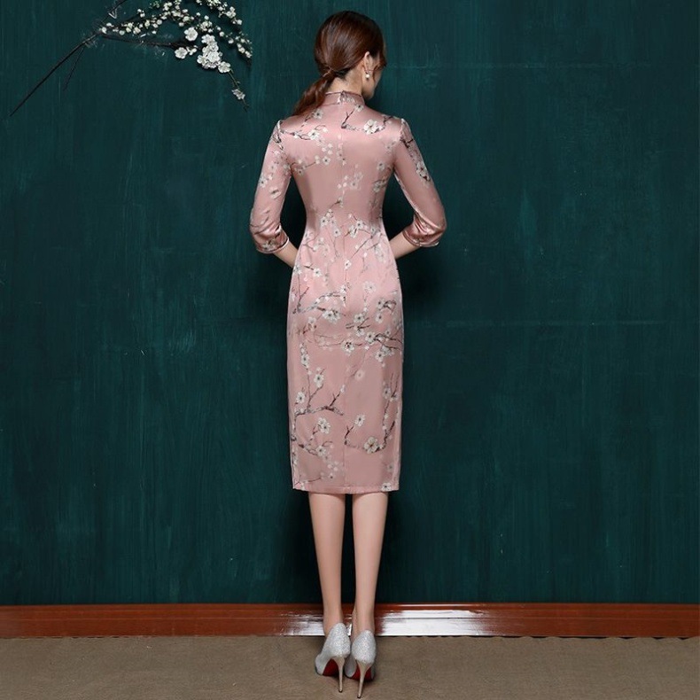 真丝旗袍桑蚕丝气质中长复古改良长袖少女裙优雅高档蚕丝旗袍裙