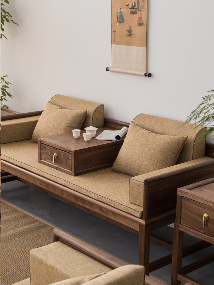 新中式实木沙发老榆木禅意客厅罗汉床榻沙发别墅会所黑胡桃木家具