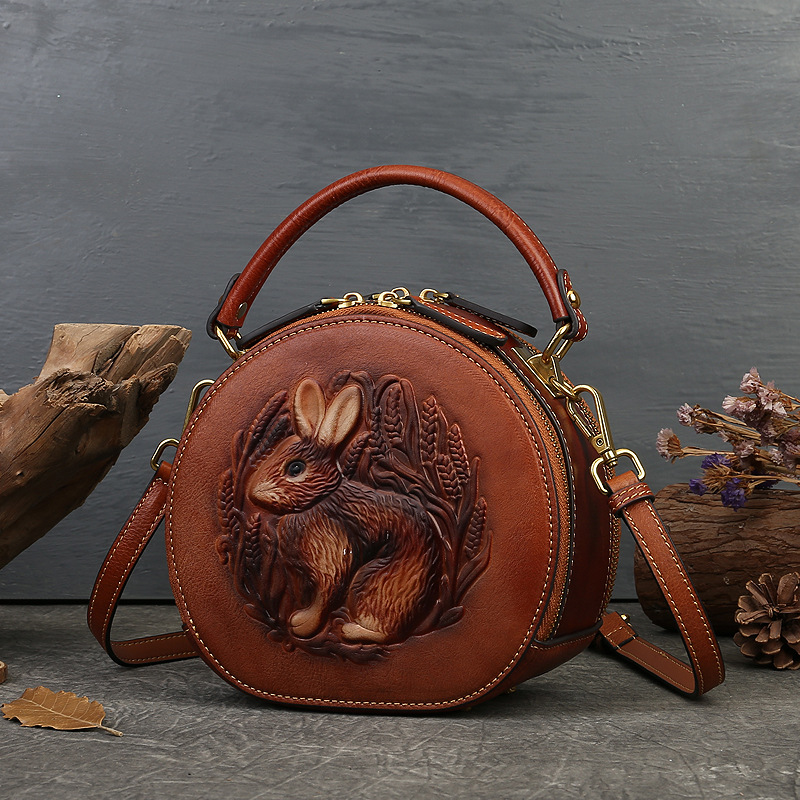 New Rabbit Embossed Handbag Genuine Leather Women's Bag Retro Ethnic Style Small round Bag First Layer Leather One-Shoulder Messenger Bag