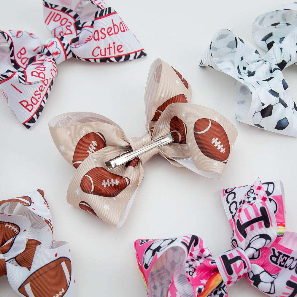 European and American Amazon New Sports Theme Barrettes Girls' Football Print Bow Edge Clip Rugby Hair Accessories
