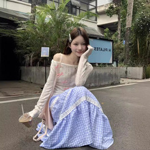 实拍 韩版气质新款蝴蝶结设计感长袖T+花边拼接格子半身裙女装