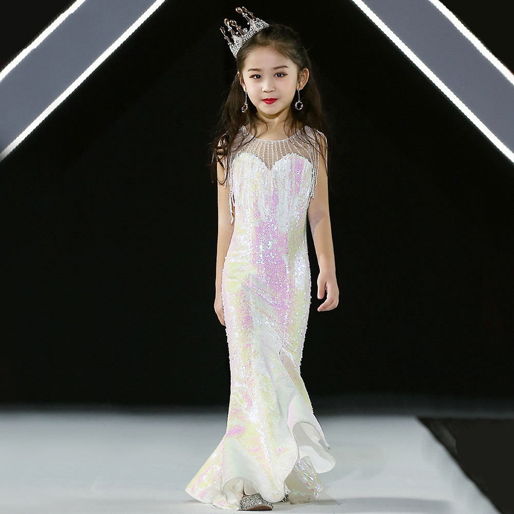 儿童礼服新款时尚鱼尾裙女童t台模特走秀小女孩主持人钢琴演出服