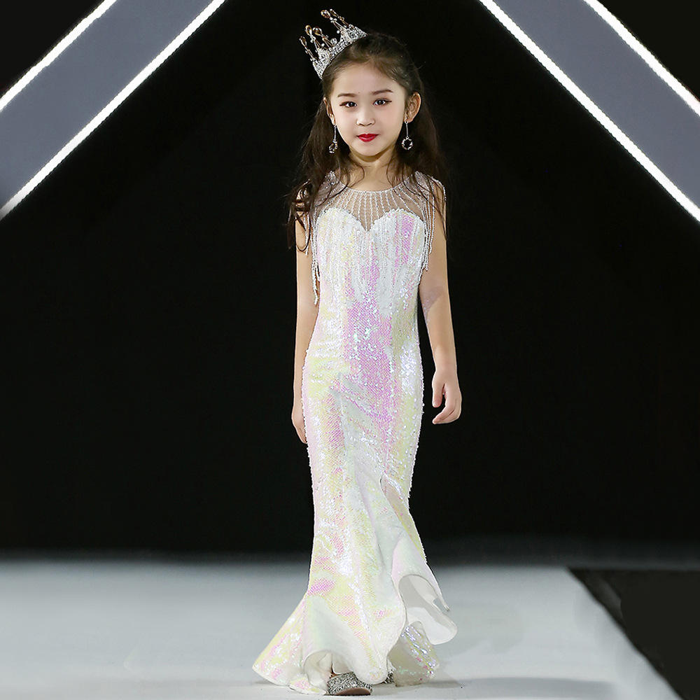 儿童礼服新款时尚鱼尾裙女童t台模特走秀小女孩主持人钢琴演出服