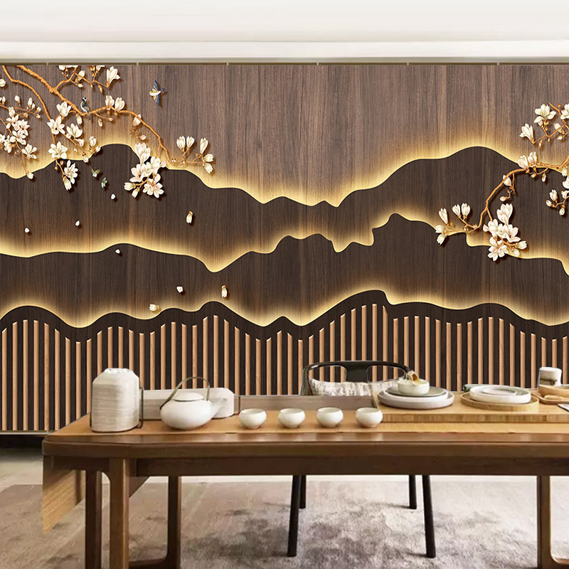 3d现代新中式风格装修墙纸禅意茶室山水画背景墙布头疗养生馆壁纸