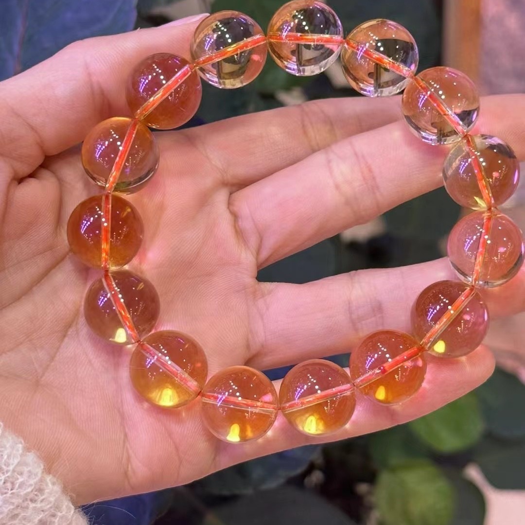 天然黄水晶圆珠手链巴西黄水晶晶体通透男女款水晶饰品跨境工厂批