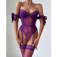 Dnika 紫色情趣塑身连体衣蝴蝶结丝绸绑带性感情趣内衣配丝袜套装