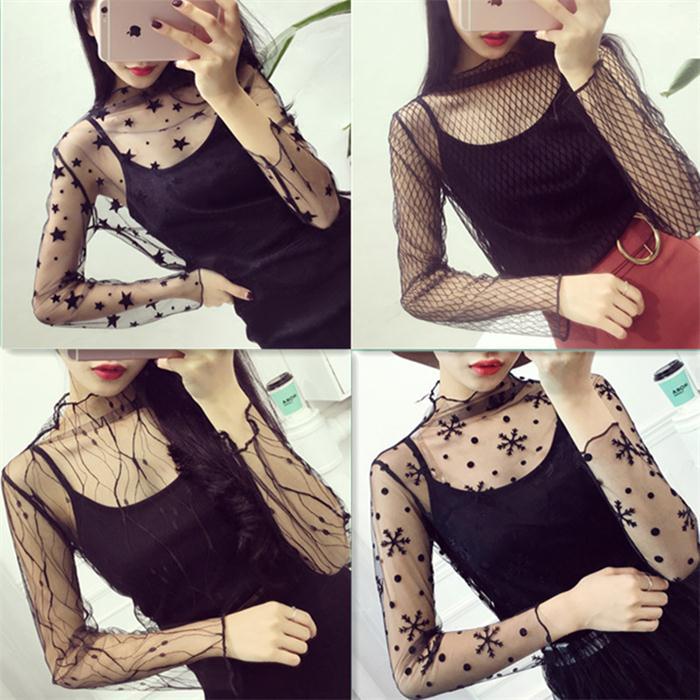 网衣打底衫渔网沙衣服薄纱网衫性感镂空黑纱透明蕾丝秋长袖内搭女