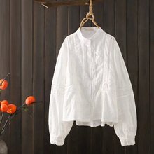 日系2021春秋新款外贸女装尾货剪标原单灯笼袖立领外穿白衬衫