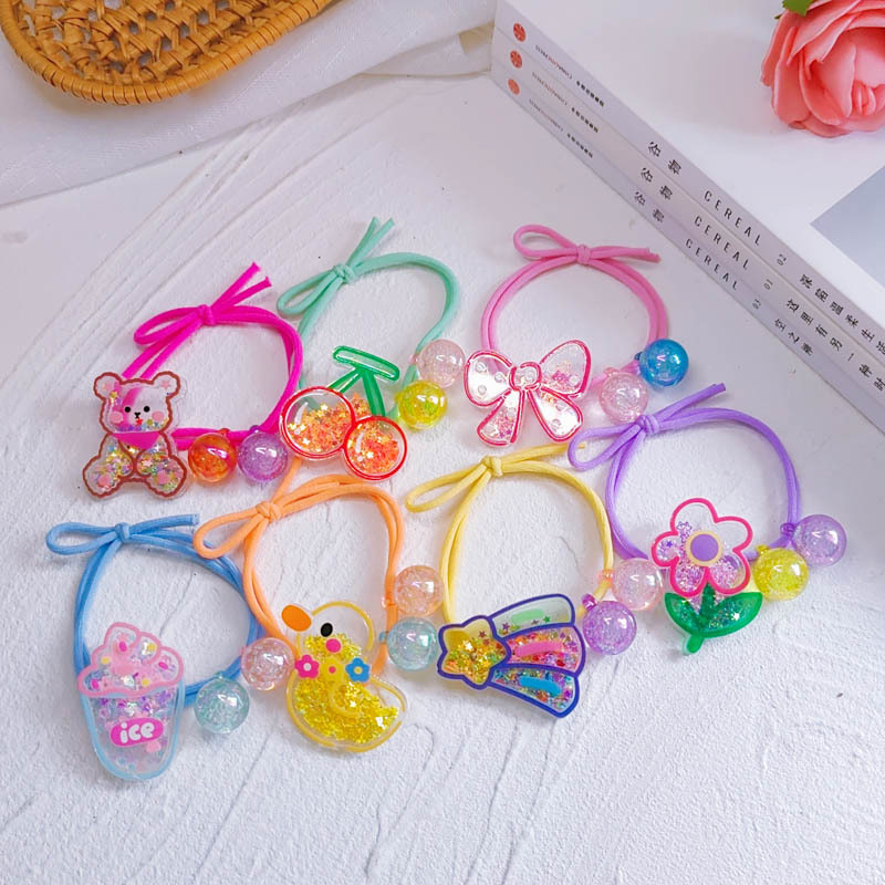 Cute Transparent Quicksand Cherry Large Hair Tie Girls' Bow Rubber Band Cartoon Duck Flower Beaded Hair Rope