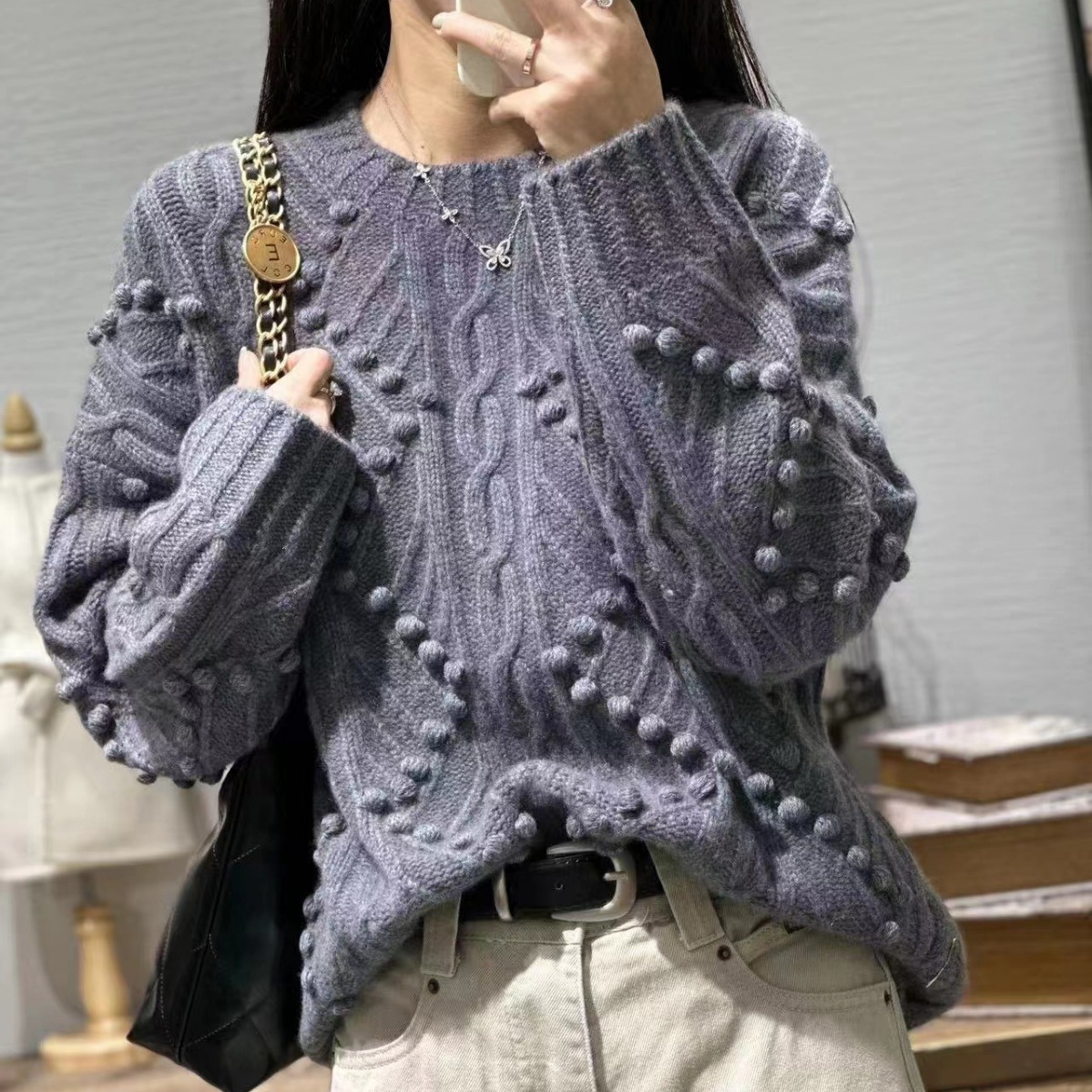 重工艺加厚羊绒衫女冬季设计款慵懒风小众套头毛衣手工编织针织衫