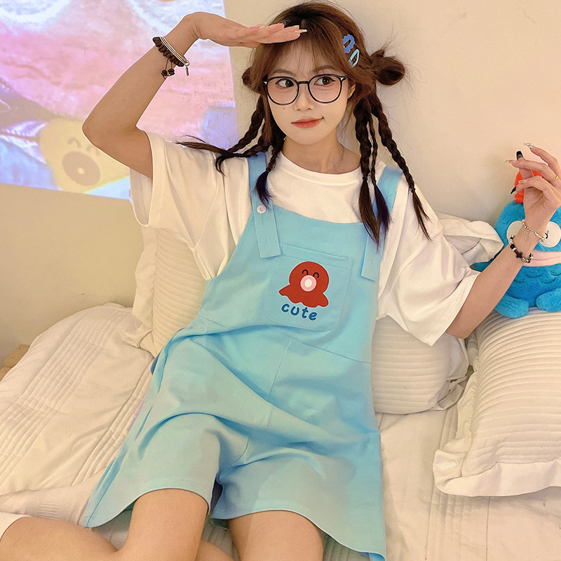 连体睡衣女夏纯棉短袖可爱卡通汉顿丑鱼学生可外穿家居服两件套装