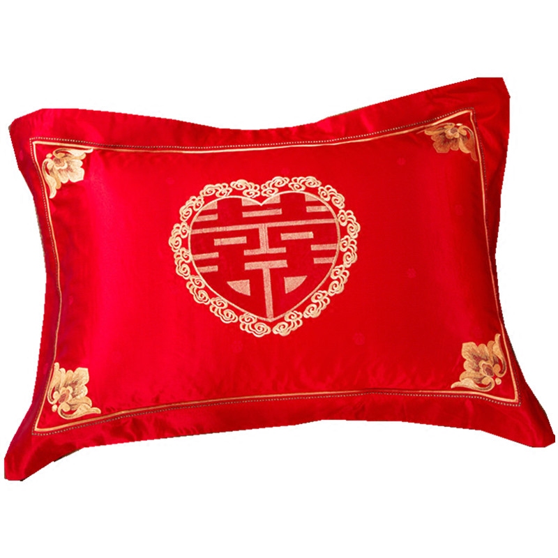 枕套 大红色贡缎刺绣枕头结婚床上用品 一对装鸳鸯 48*74cm-阿里巴巴