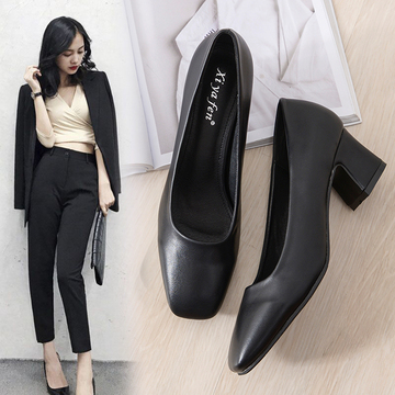 工作鞋女黑色高跟鞋粗跟单鞋女职业皮鞋空姐正装鞋舒适酒店上班鞋
