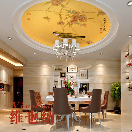 新中式8d客厅卧室圆形顶天花板壁纸手绘花鸟墙纸餐厅吊顶天顶壁画