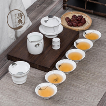 景德镇功夫茶具套装手绘莲蓬白瓷家用泡茶器整套陶瓷盖碗简约礼品